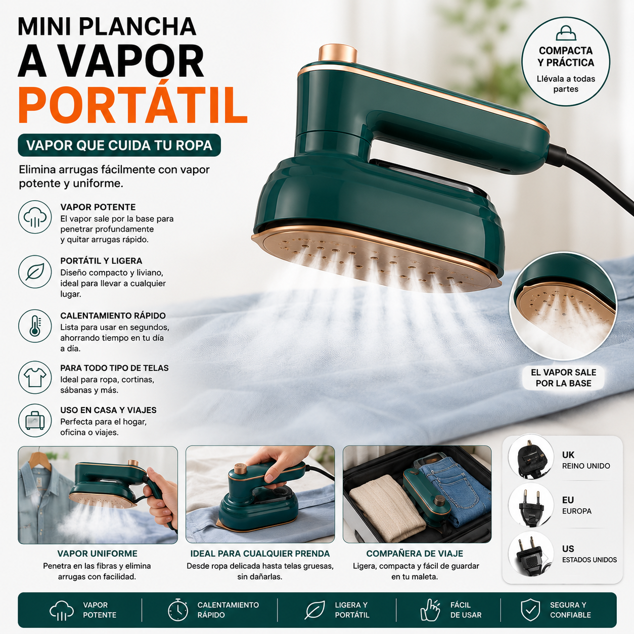 Mini plancha a vapor portatil